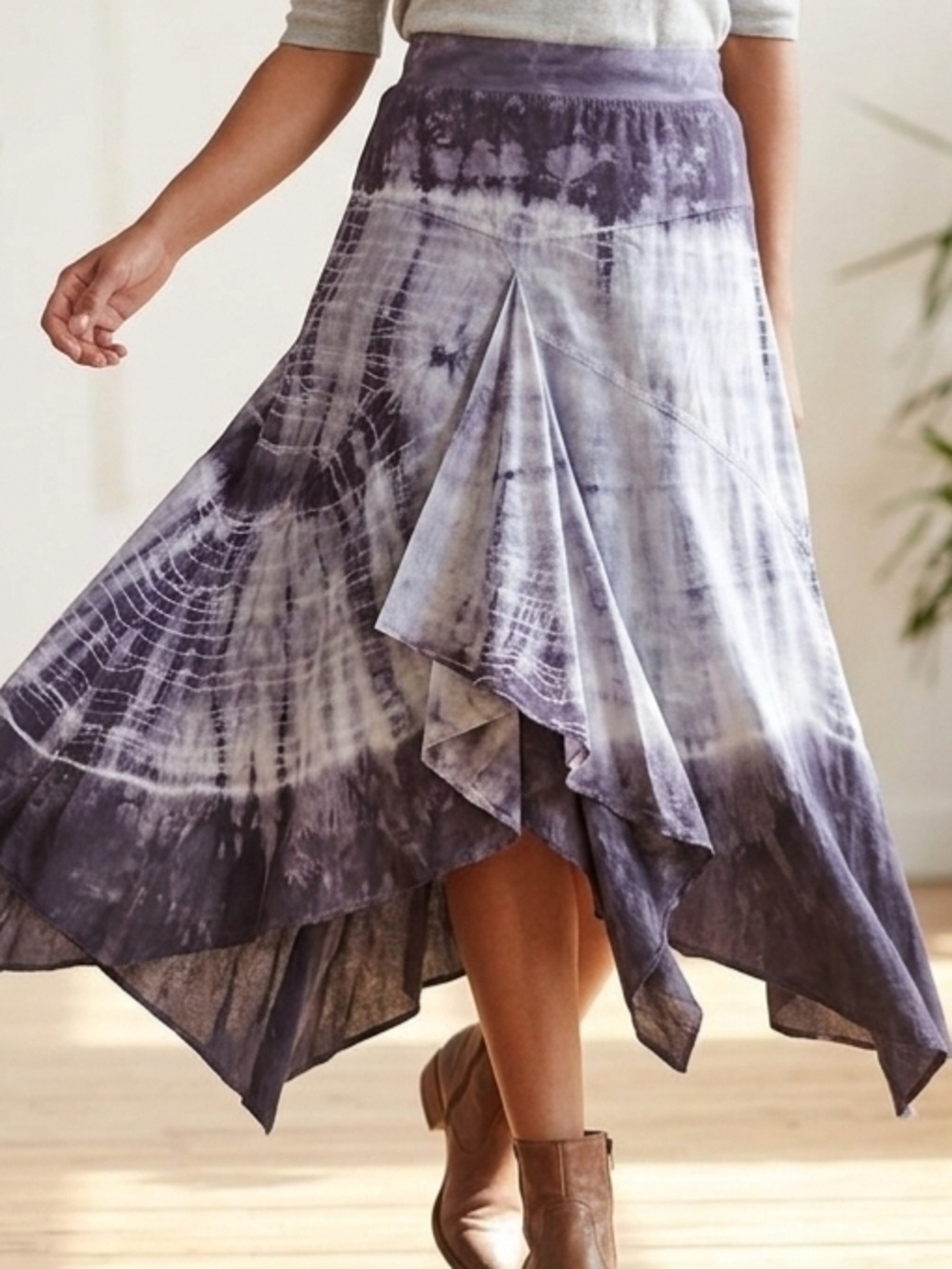 XCVI Purple Tie-Dye Handkerchief Hem Midi Skirt Size L